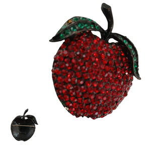 VTG WEISS Signed Red & Green Rhinestone Apple Brooch Black Fruit Estate Pin